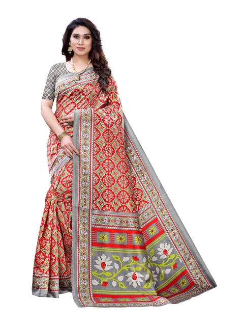 

MOKSHA DESIGNS Red & Grey Ethnic Motifs Printed Silk Saree