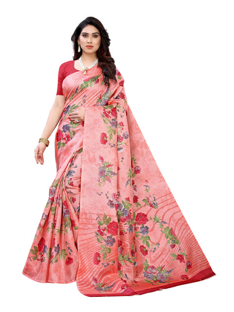 

MOKSHA DESIGNS Red & Green Floral Printed Silk Saree