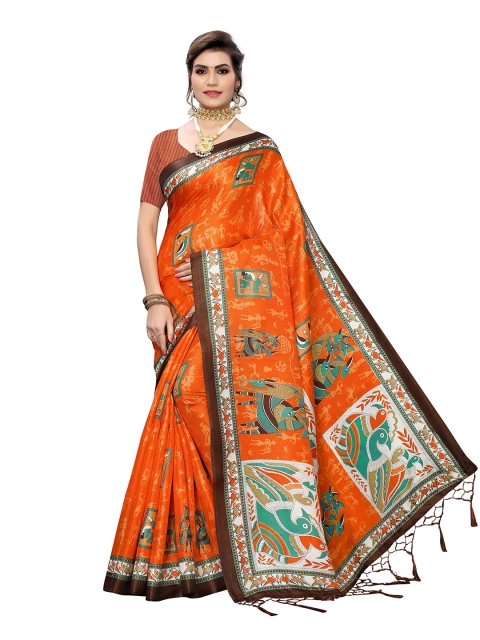

MOKSHA DESIGNS Orange & Brown Ethnic Motifs Printed Silk Saree