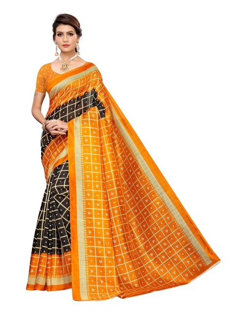 

MOKSHA DESIGNS Black & Orange Checked & Printed Silk Saree