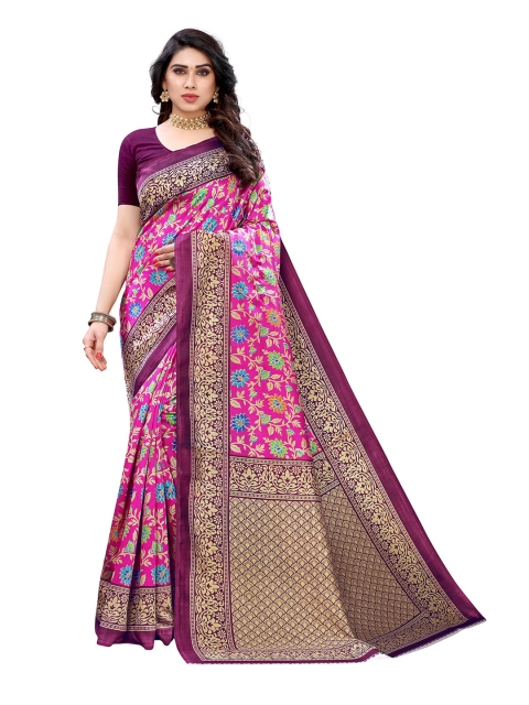 

MOKSHA DESIGNS Pink & Violet Floral Printed Silk Saree