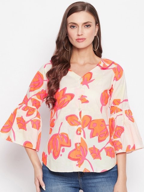 

Bitterlime Beige Floral Printed Shirt Style Top