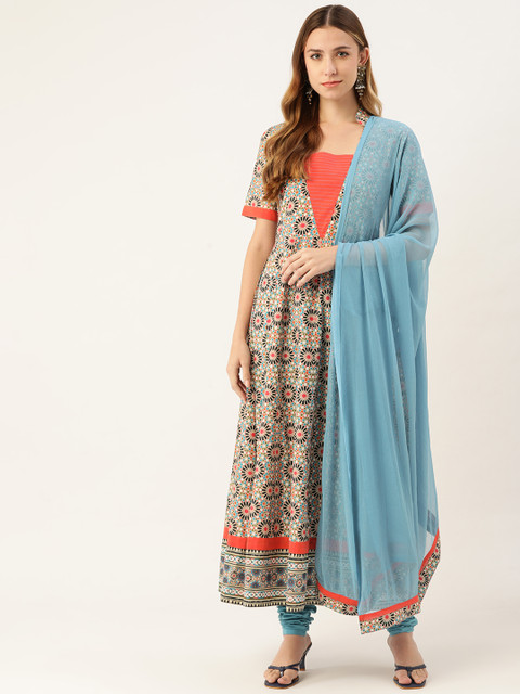 

Magnetic Designs Women Blue Floral Printed Regular Pure Cotton Kurta with Churidar & With Dupatta