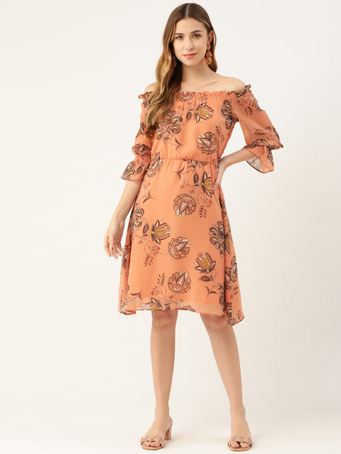 

Magnetic Designs Nude-Coloured Floral Off-Shoulder Georgette A-Line Dress