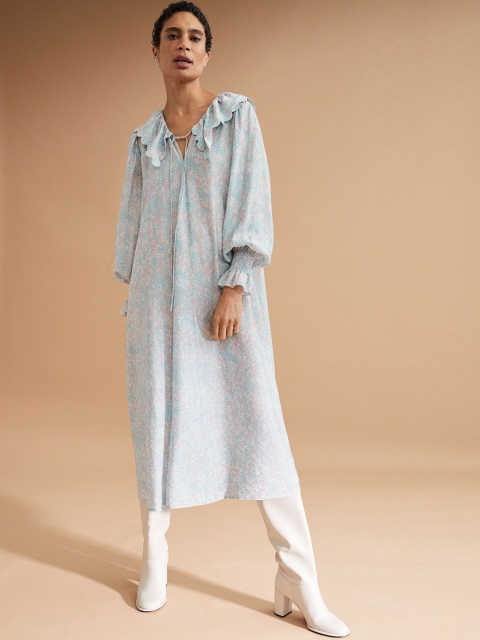 

H&M Women Turquoise Blue Floral Printed Long Flounce-Collared Dress