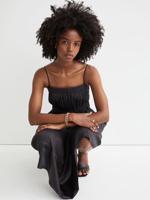 

H&M Women Charcoal Grey Smocking-Detail Satin Dress