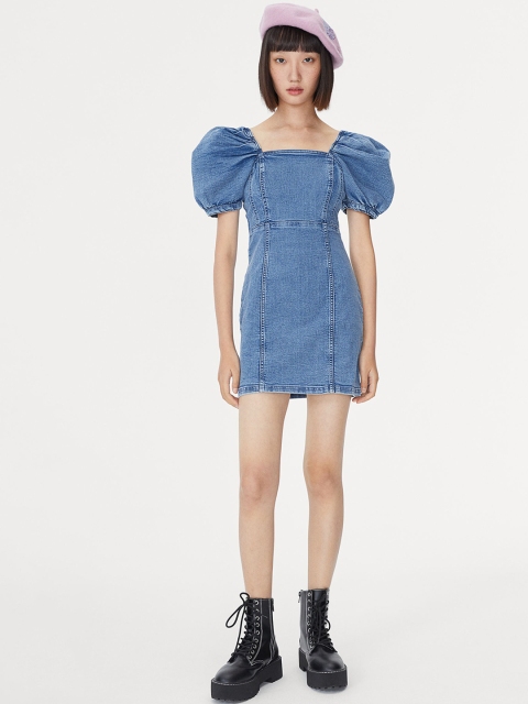 

H&M Women Blue Puff-Sleeved Denim Dress