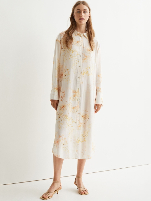 

H&M Women White & Orange Floral Printed Shirt Dress