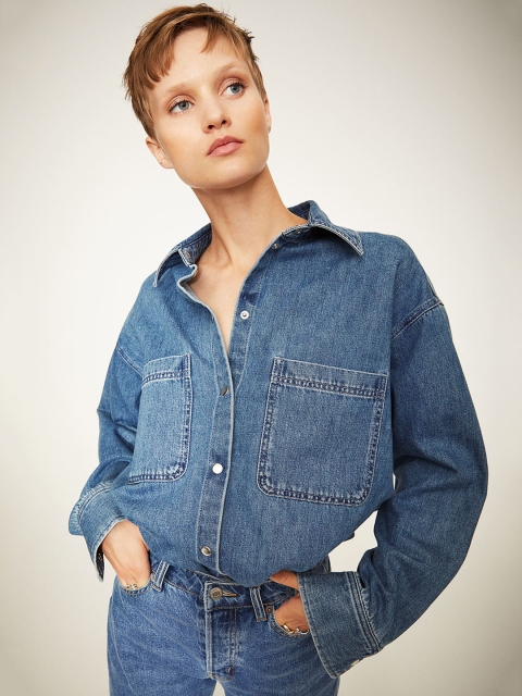 

H&M Women Blue Denim Shirt Jacket