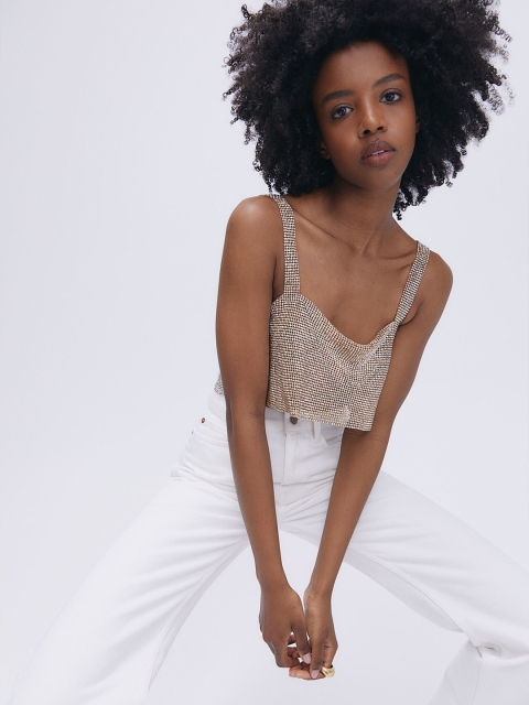

H&M Women Gold Rhinestone-Decorated Top