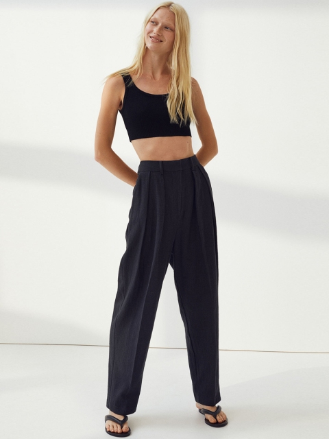 

H&M Women Black Wide Rami-Blend Trousers