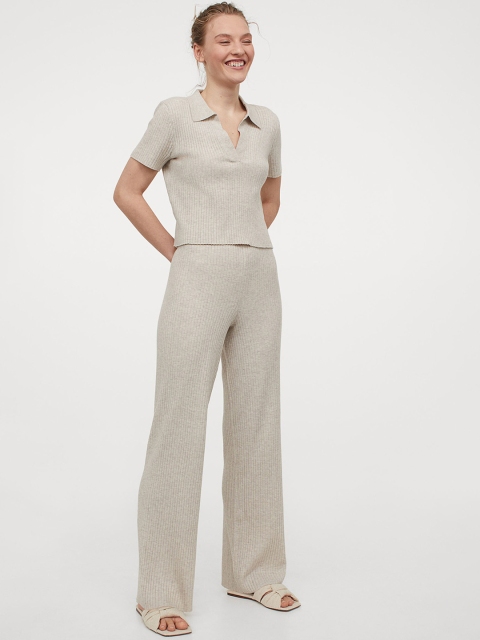 

H&M Women Beige Rib-Knit Trousers