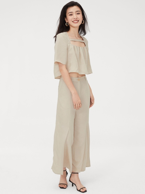 

H&M Women Beige Wide Linen-Blend Trousers