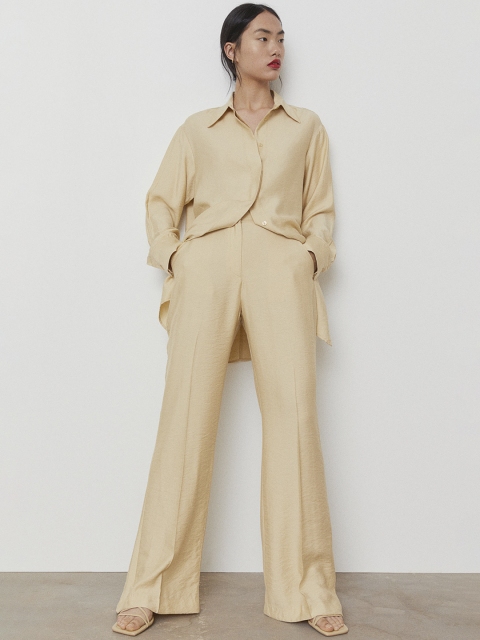 

H&M Women Beige Wide Crease-Leg Trousers