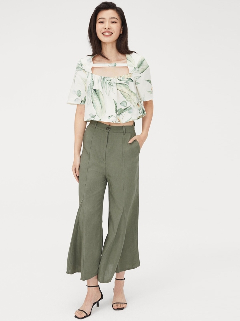 

H&M Women Green Wide Linen-Blend Trousers