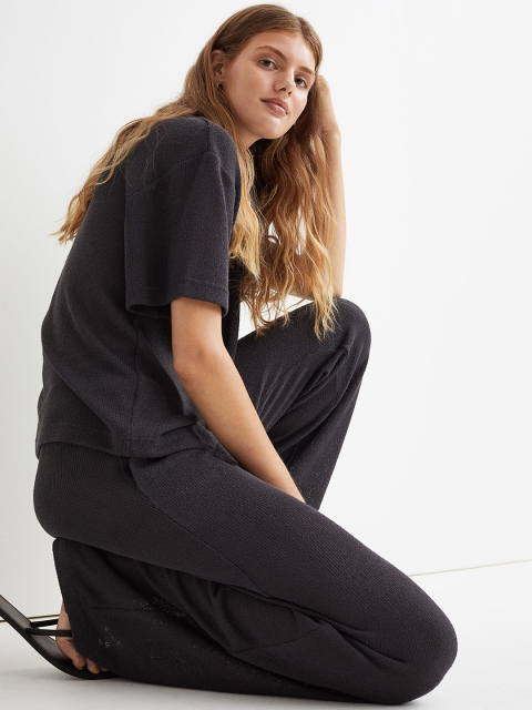 

H&M Women Charcoal Grey Slub-Knit Trousers