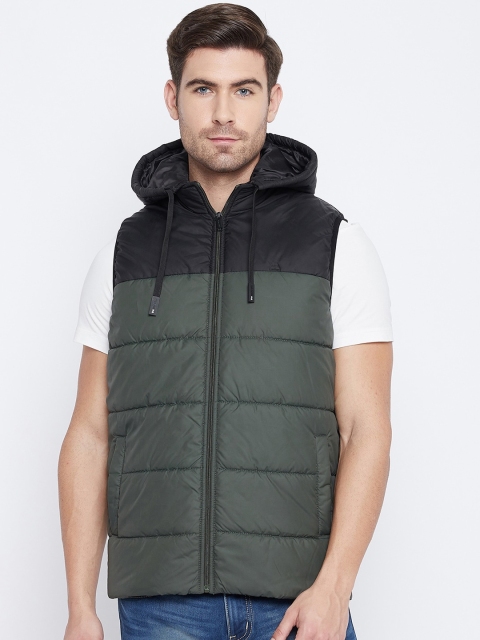 

Okane Men Olive Green Black Colourblocked Lightweight Puffer Jacket