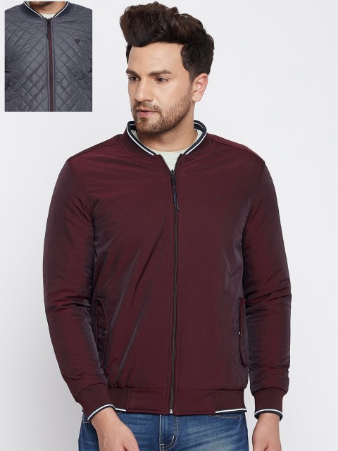 

Okane Men Maroon & Grey Striped Reversible Varsity Jacket