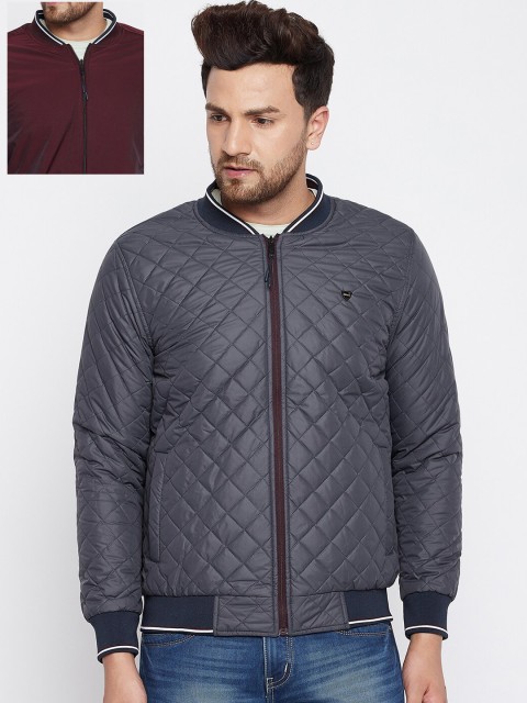 

Okane Men Burgundy Striped Reversible Bomber Jacket