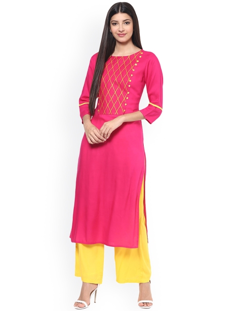 

Jaipur Kurti Pink & Yellow Embroidered Kurta with Palazzo Trousers