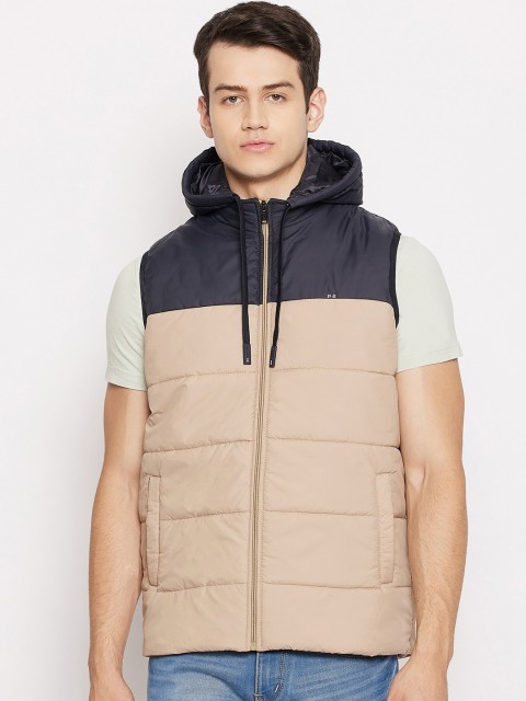 

Okane Men Beige Navy Blue Colourblocked Lightweight Padded Jacket