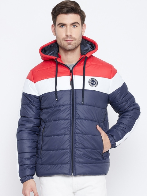 

Okane Men Navy Blue Colourblocked Hooded Padded Jacket
