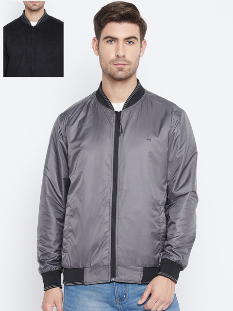 

Okane Men Black Grey Solid Reversible Varsity Jacket