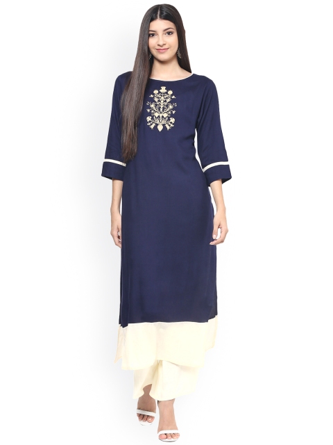 

Jaipur Kurti Women Navy Blue Embroidered Straight Kurta