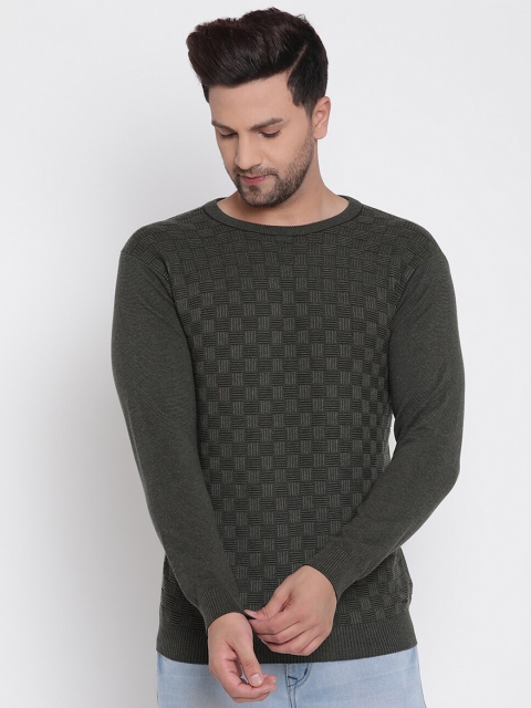 

METTLE Men Olive Green Self Design Cotton Pullover Sweater