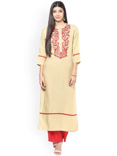

Jaipur Kurti Women Cream-Coloured Embroidered Straight Kurta