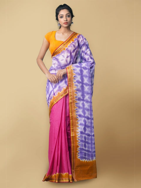 

Unnati Silks Blue & Pink Leheriya Printed Zari Pure Shibori Cotton Leheriya Saree