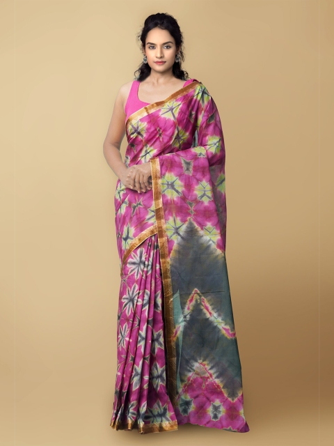 

Unnati Silks Pink & Grey Printed Zari Pure Shibori Cotton Leheriya Saree