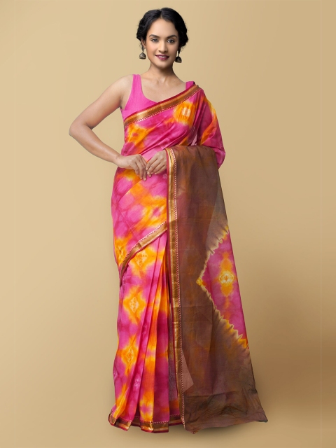 

Unnati Silks Women Pink & Yellow Pure Shibori Cotton Sustainable Saree