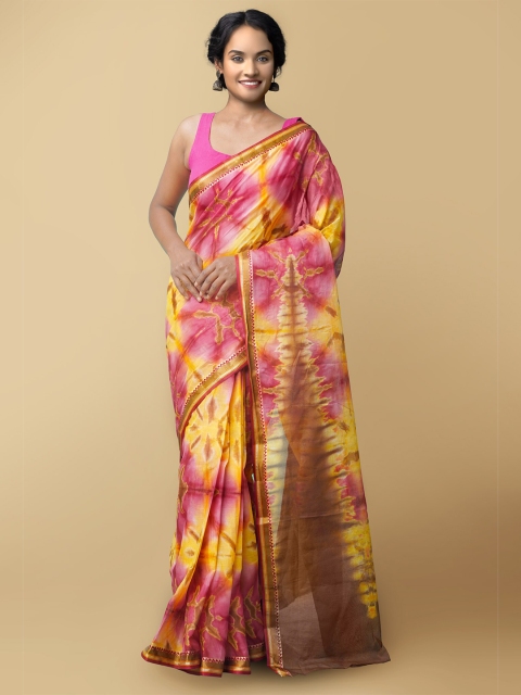 

Unnati Silks Women Pink & Mustard Pure Shibori Cotton Sustainable Saree