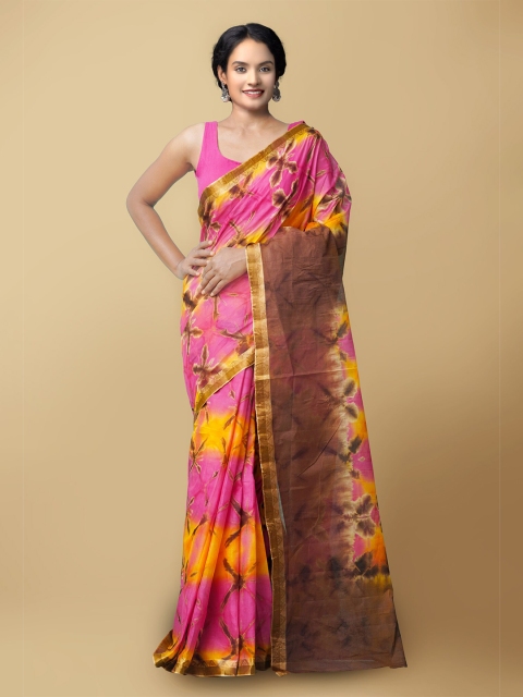 

Unnati Silks Women Pink & Yellow Pure Shibori Cotton Sustainable Saree