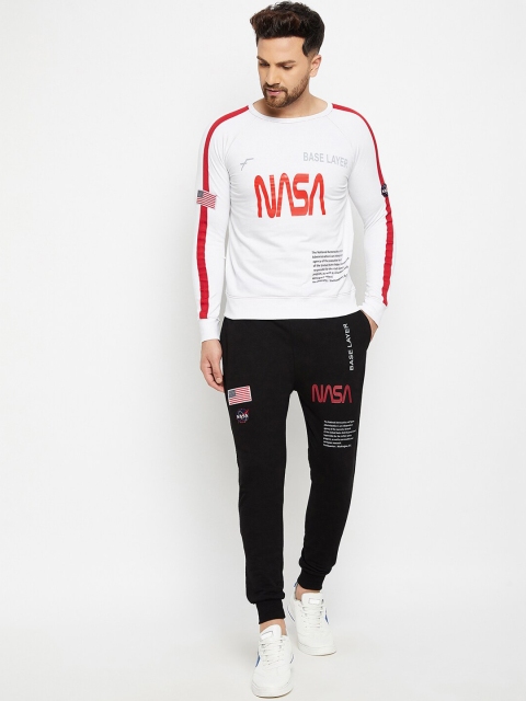 

FUGAZEE Men White & Black Printed Slim-Fit Pure Cotton NASA Space Tracksuit