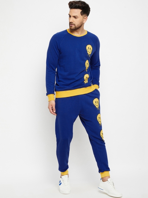 

FUGAZEE Men Blue & Yellow Printed Oversized-Fit Pure Cotton Tracksuit
