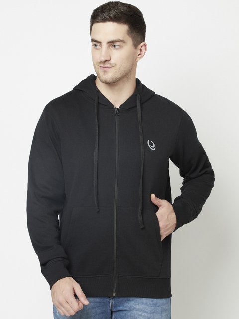 

ELEGANCE Men Black Hooded Front Open Sweatshirt