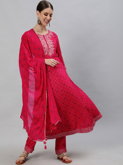 

Ishin Women Pink Embroidered Regular Pure Cotton Kurta with Trousers & With Dupatta