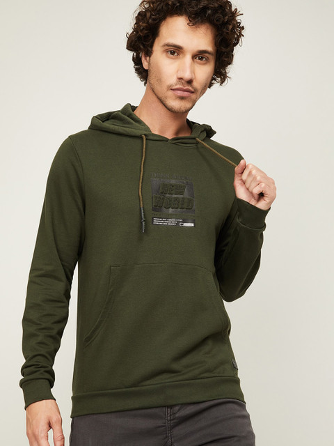 

Bossini Men Olive Green Printed Hooded Sweatshirt