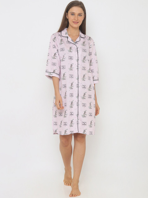 

Smugglerz Women Lavender & Grey Tom & Jerry Print Pure Cotton Comfort-Fit Sleep Shirt