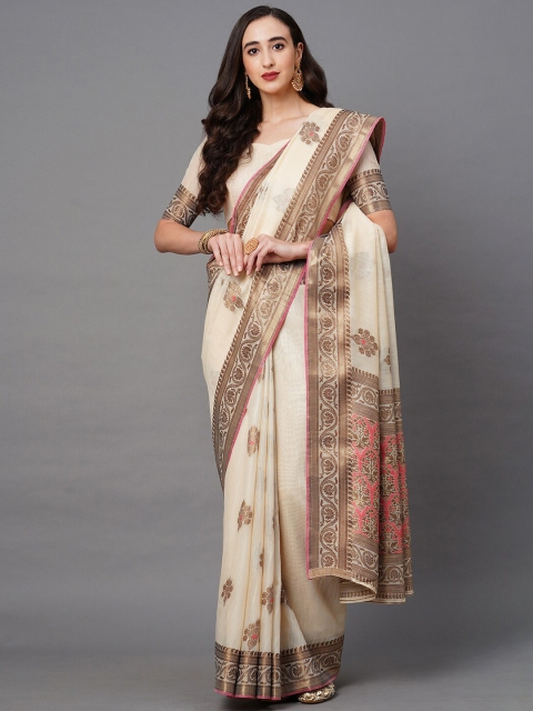 

Saree mall Cream-Coloured & Gold-Toned Woven Design Silk Blend Banarasi Sarees