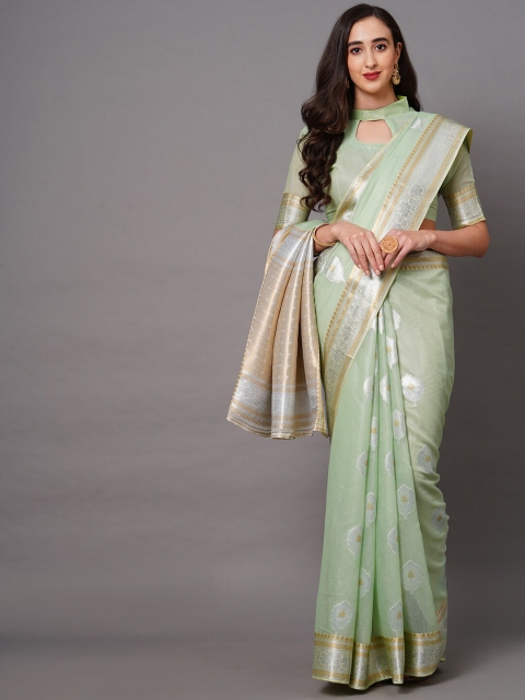 

Saree mall Green & Gold-Toned Woven Design Silk Blend Banarasi Sarees