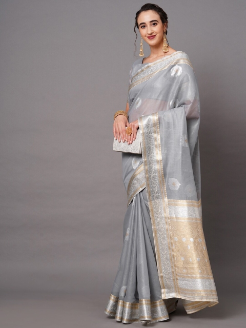 

Saree mall Grey & Silver-Toned Woven Design Silk Blend Banarasi Sarees