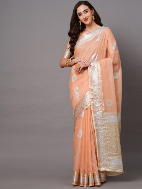 

Saree mall Peach-Coloured & Silver-Toned Woven Design Silk Blend Banarasi Sarees