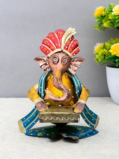 

Golden Peacock Yellow & Blue Handcrafted Ganesha Playing Dholak Instruments Showpiece