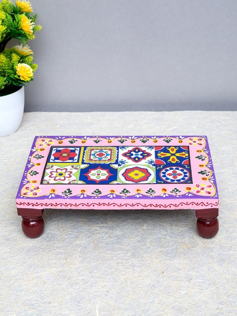 

Golden Peacock Pink & Blue Hand Painted Wooden Pooja Chowki