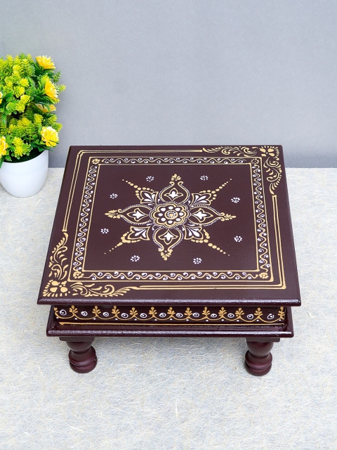 

Golden Peacock Coffee Brown & White Hand Painted Wooden Square Pooja Chowki