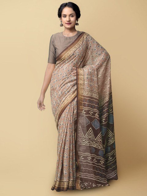 

Unnati Silks Brown & Grey Floral Linen Blend Jamdani Saree