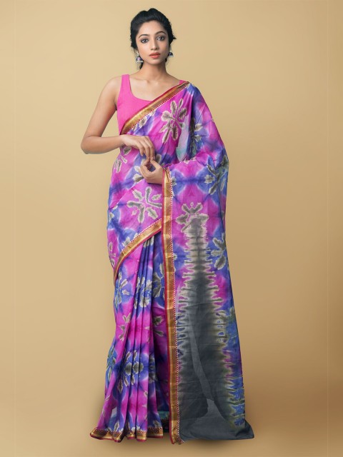 

Unnati Silks Women Pink & Blue Pure Shibori Cotton Sustainable Saree